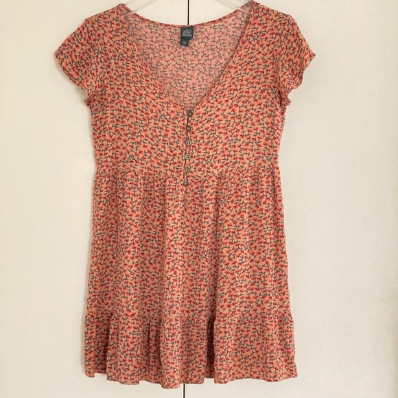 ***FLAWED*** I Wild Fable I Honey Peach I Floral Short Sleeve V-Neck Minidress - Picture 1 of 16